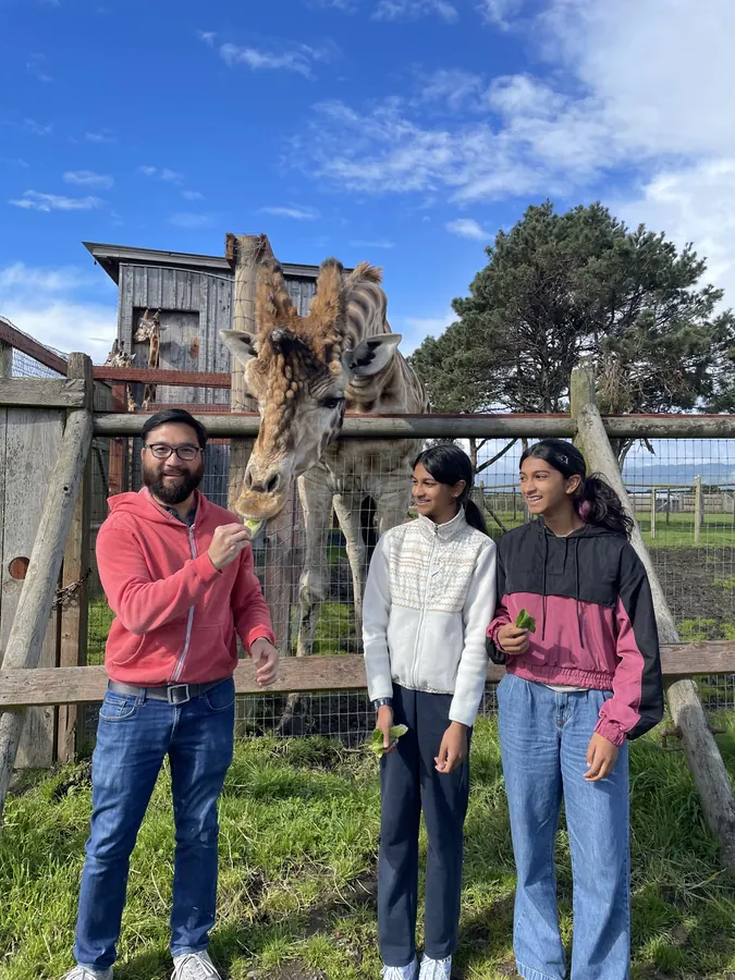 Three people feeding leaves to a giraffe over a paddock fence